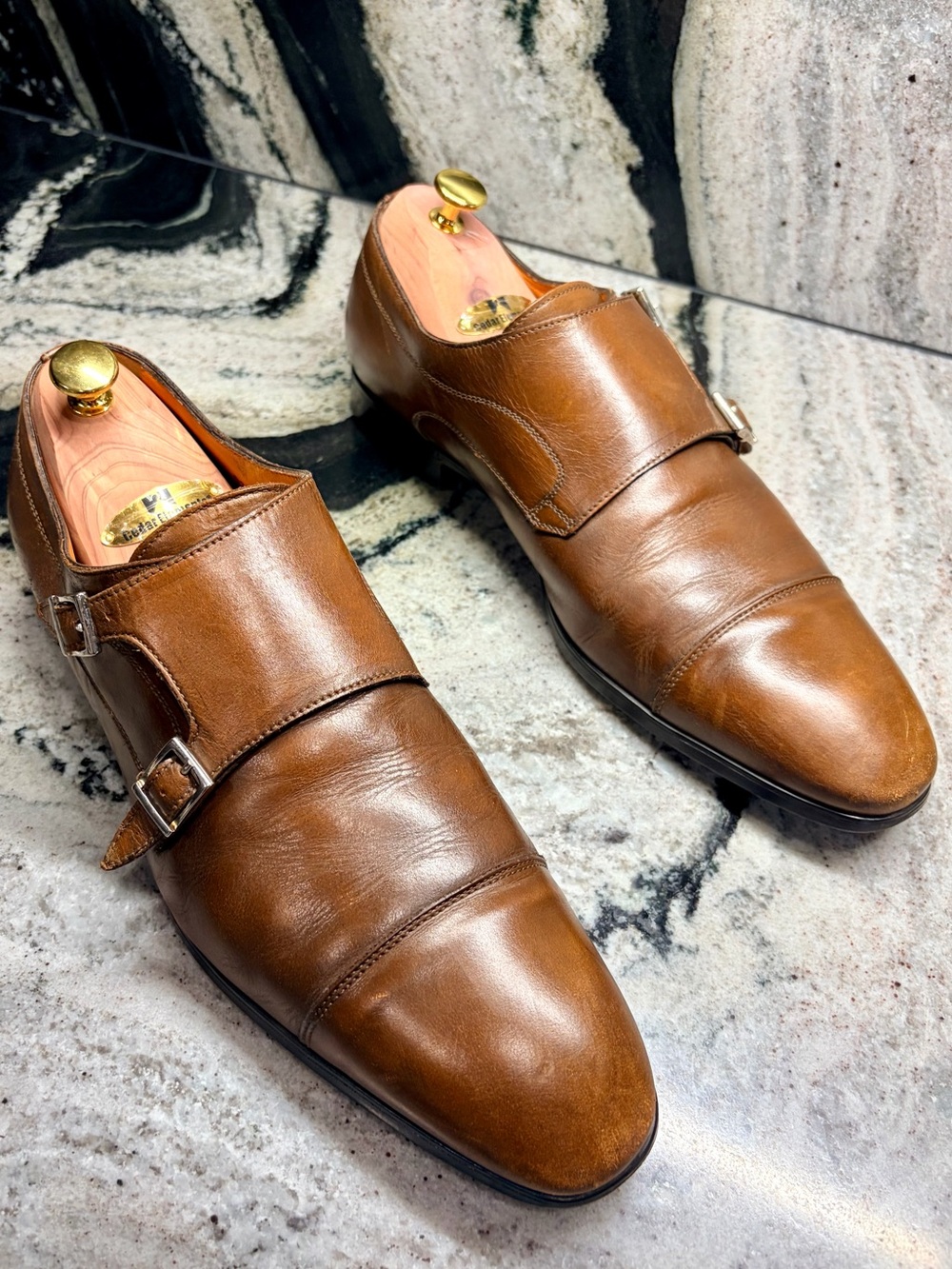 Santoni Cognac Double Monk Strap Cap Toe Dress Shoes US 11 UK 10